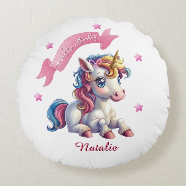 Hello Baby Unicorn Rundes Kissen (Vorderseite)
