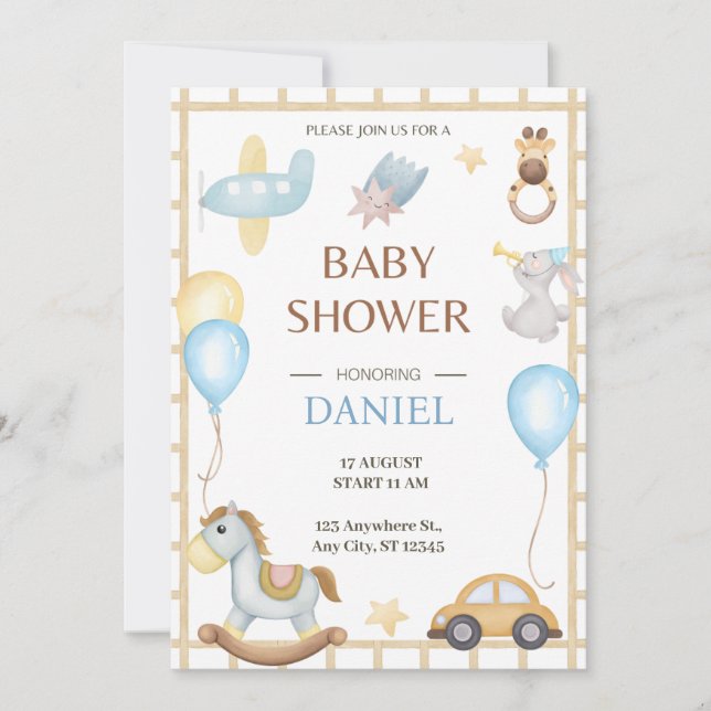 Hello Baby | Whimsical Toys Kinderdusche Einladung (Vorderseite)