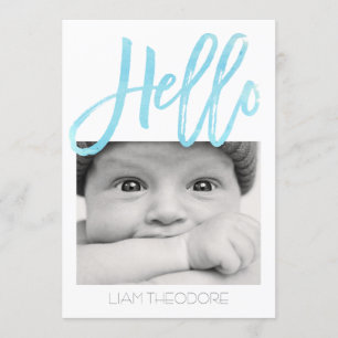 Hello Blue Watercolor 3-Foto   Geburtsankündigung Ankündigung
