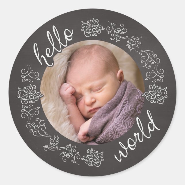 Hello Chalkboard Baby's First Personalisiert Foto Runder Aufkleber (Vorderseite)