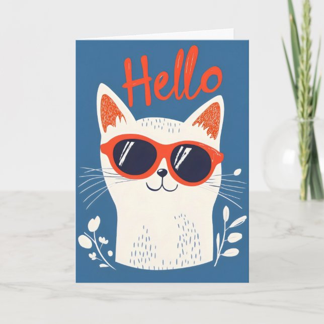 Hello Cool White Cat Feiertagskarte (Vorderseite)