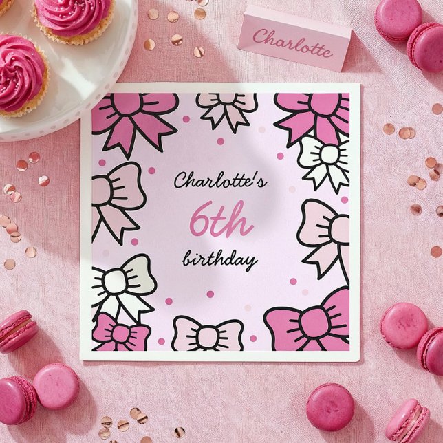 Hello Cutie Cartoon Pink Bow Birthday Party Serviette (Von Creator hochgeladen)