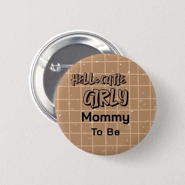 Hello Cutie Girly Cute Brown Gingham Mommy-to-be Button (Vorne & Hinten)