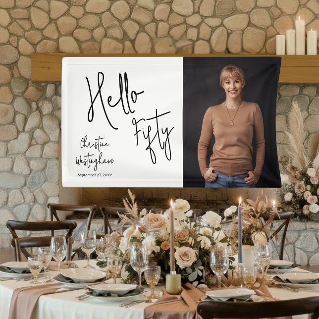 Hello Fifty Photo Script 50th Birthday Party Banner (Von Creator hochgeladen)