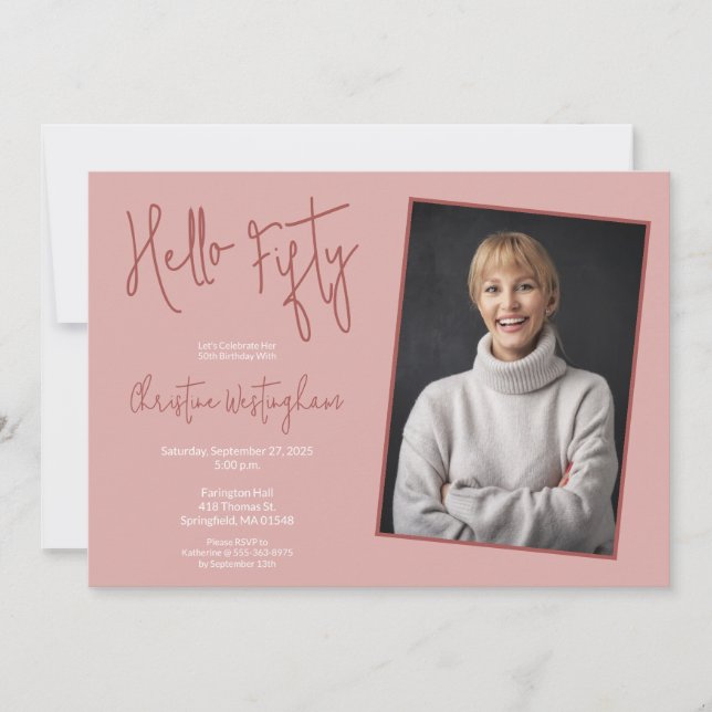 Hello Fifty Pink Photo 50th Fiftieth Birthday Einladung (Vorderseite)