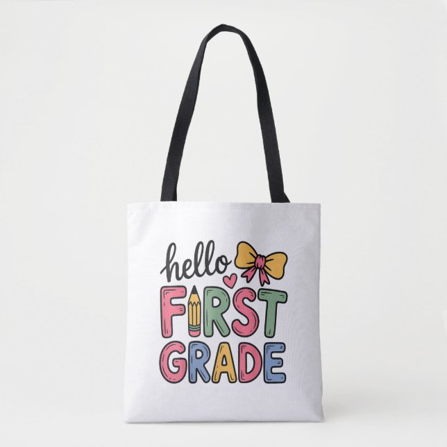 Hello First Grade Coquette Bow Teacher Tasche (Vorderseite)