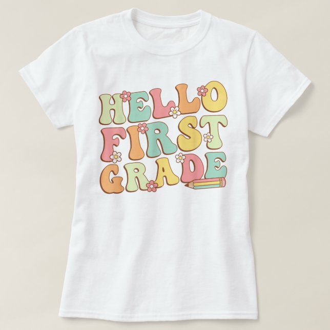 Hello First Grade Teacher Coquette Pencil Bow T-Shirt (Design vorne)