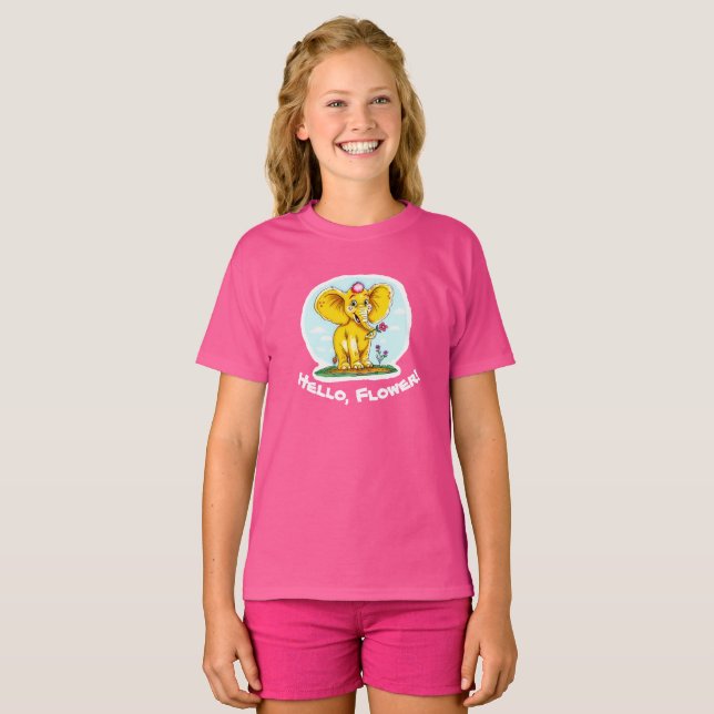 “Hello, Flower! – Cute Yellow Elephant T-Shirt for (Devant entier)