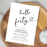 Hello Forty Black and White 40th Birthday Party Einladung<br><div class="desc">Celebrate turning forty with style using this modern black and white “Hello Forty” birthday invitation. Featuring sleek typography and a minimalist layout,  it’s perfect for an elegant dinner,  cocktail night,  or sophisticated milestone party. A timeless and classy choice for your 40th birthday celebration.</div>