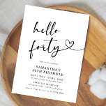 Hello Forty Black and White 40th Birthday Party Einladung<br><div class="desc">Celebrate turning forty with style using this modern black and white “Hello Forty” birthday invitation. Featuring sleek typography and a minimalist layout,  it’s perfect for an elegant dinner,  cocktail night,  or sophisticated milestone party. A timeless and classy choice for your 40th birthday celebration.</div>