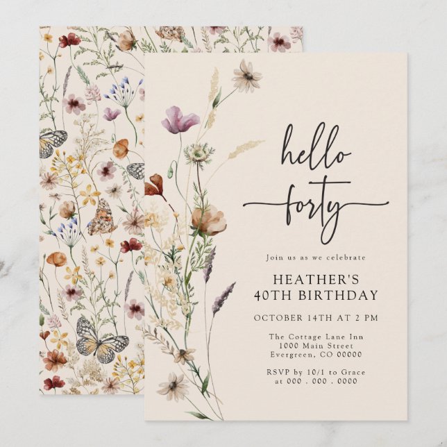 Hello Forty Boho Birthday Einladung (Vorne/Hinten)