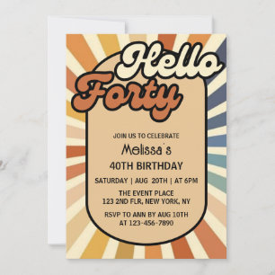 Hello Forty Brown Retro Sun Groovy Wave Geburtstag Einladung