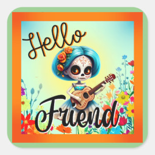 Hello Friend Sugar Skull Quadratischer Aufkleber