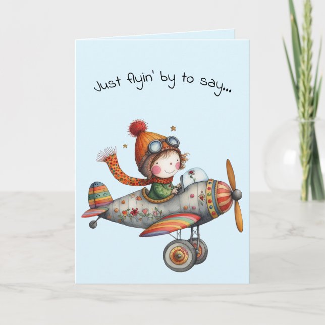 Hello Friendship Whimsical Kid Flying Plane Karte (Vorderseite)