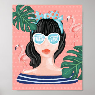 Hello Girl   Beach Beauty Retro Tropical Flamingo Poster
