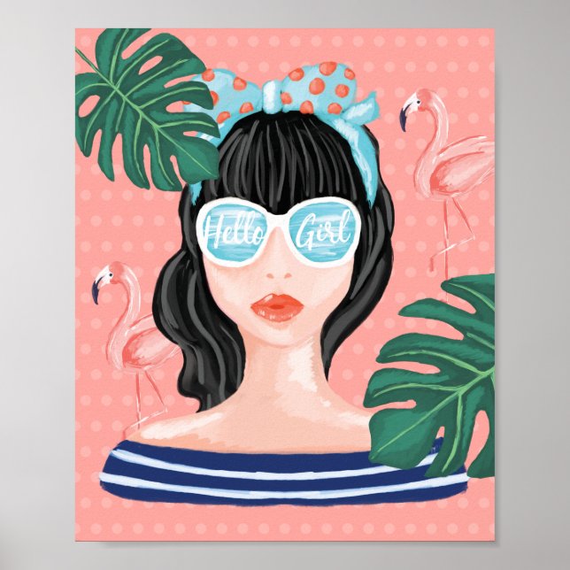 Hello Girl | Beach Beauty Retro Tropical Flamingo Poster (Vorne)