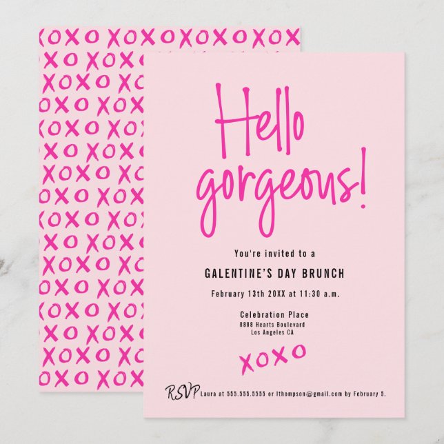 Hello Gorgeous XOXO Pink Galentine’s Day Brunch  Einladung (Vorne/Hinten)
