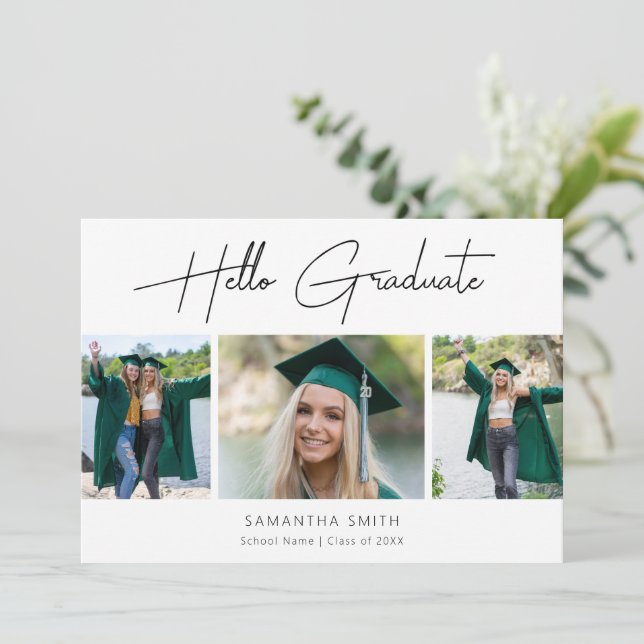 Hello Graduate Moderne Kalligraphie 3 Foto Grad Ankündigung (Stehend Vorderseite)