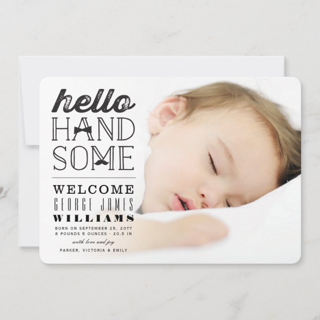 Hello Handsome Baby Boy Foto Birth Ankündigung (Vorderseite)