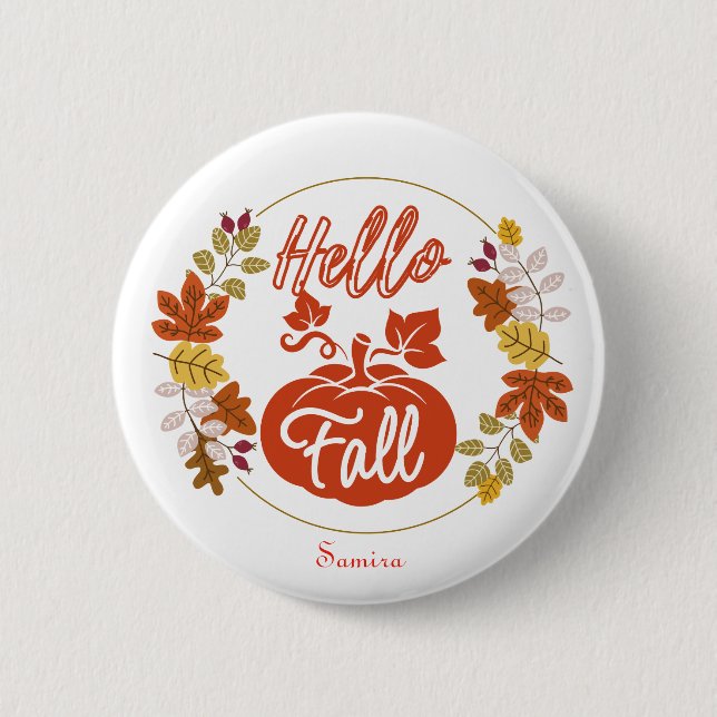 Hello Herbst Herbst Leaves Pumpkin Erntedank Name Button (Vorderseite)
