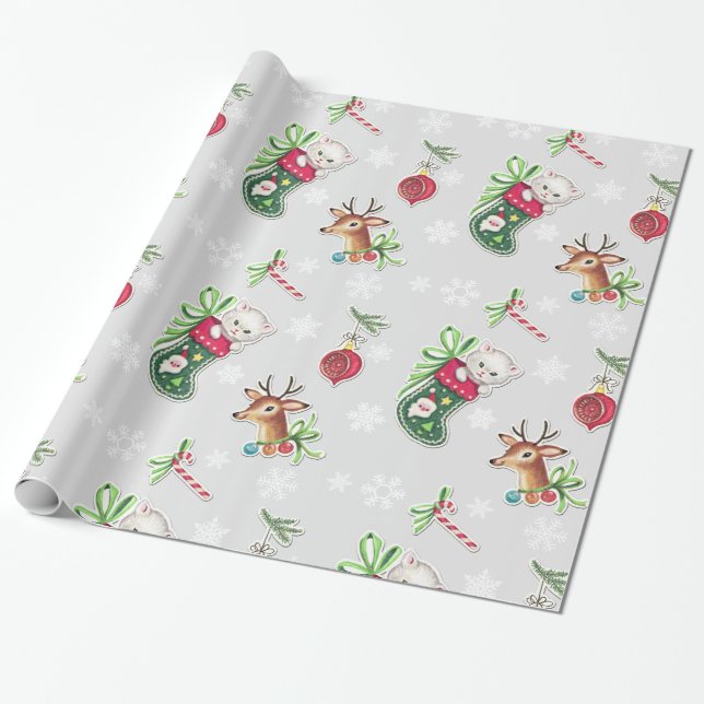 Hello Kitten Weihnachtswrapping Paper on Grau Geschenkpapier (Ungerollt)