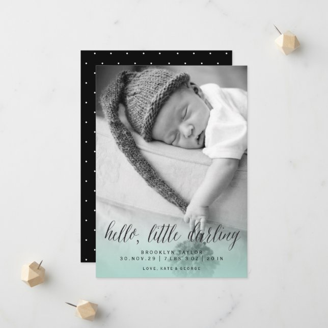 Hello Little Darling Aqua Blue Foto Boy Birth Ankündigung (Vorderseite/Rückseite Beispiel)