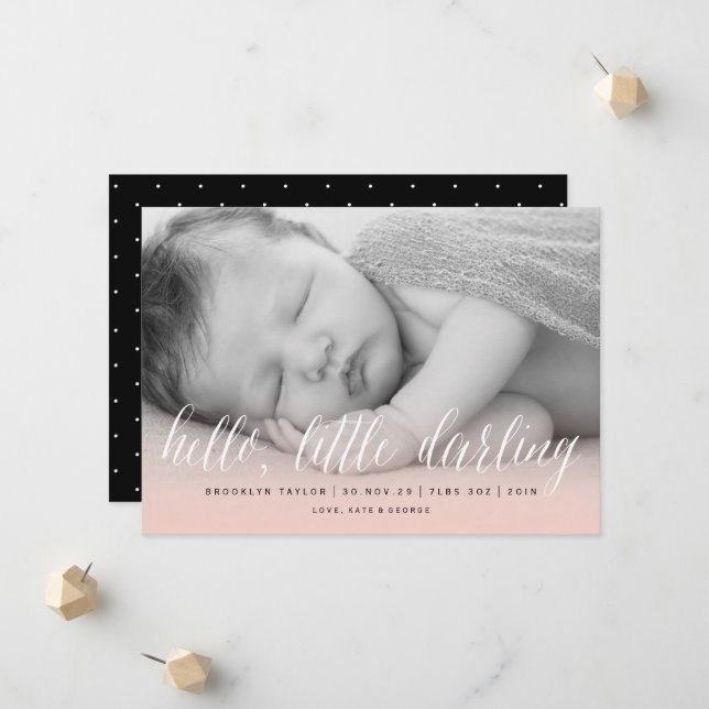 Hello Little Darling Blush Pink Foto Girl Birth Ankündigung (Vorderseite/Rückseite Beispiel)