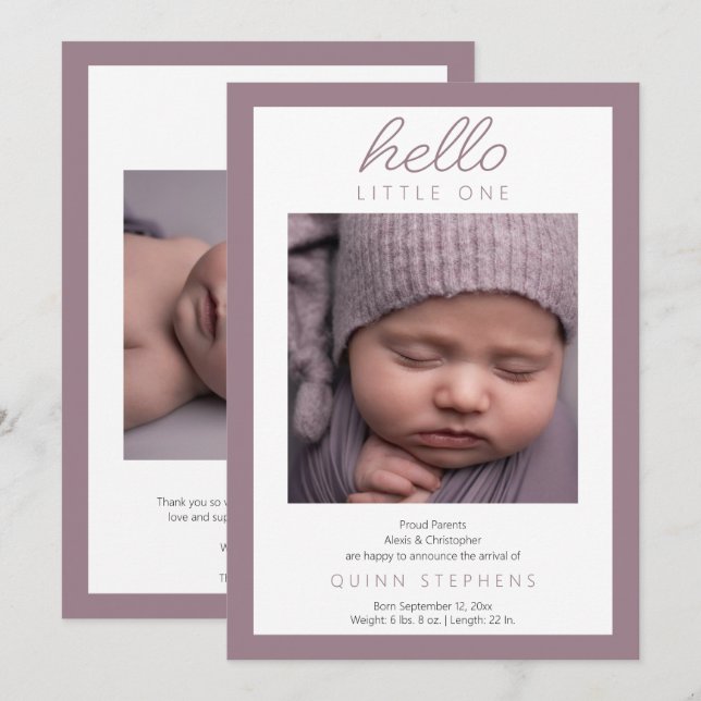 Hello Little One - 2 Foto Baby Lavender Birth Ankündigung (Vorne/Hinten)