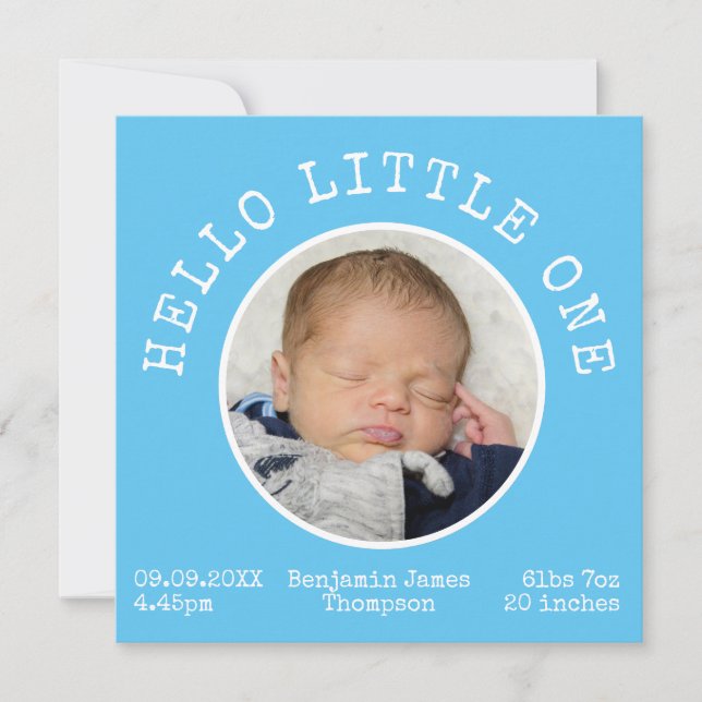 Hello Little One 2 Foto Name Blue Baby Boy Ankündigung (Vorderseite)
