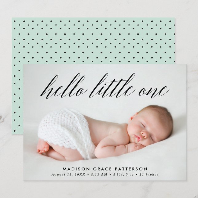 Hello Little One Mint Foto Birth Ankündigung (Vorne/Hinten)
