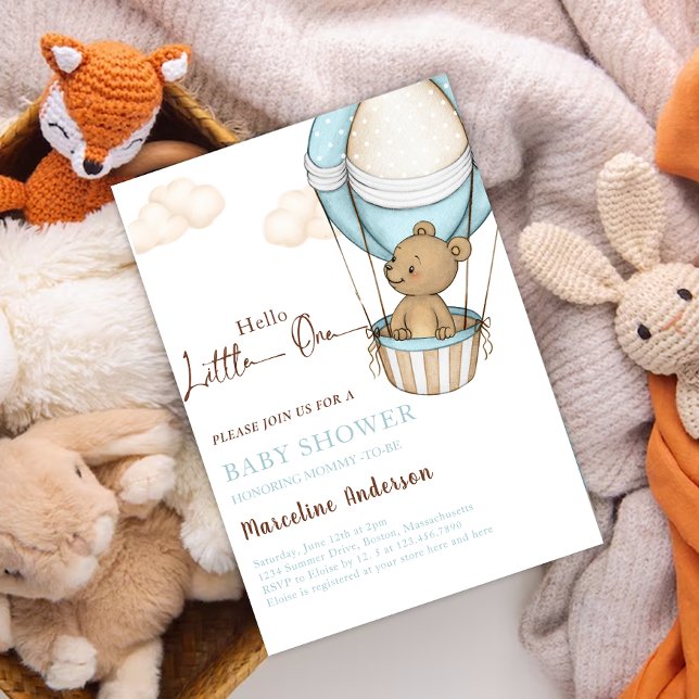 Hello Little One, Teddy Bear Balloon Baby Dusche Einladung (Hello little one teddy bear in air balloon card)
