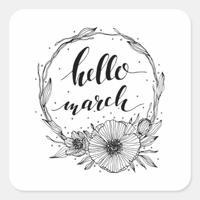 Hello März Line Art Quadratischer Aufkleber (Vorderseite)