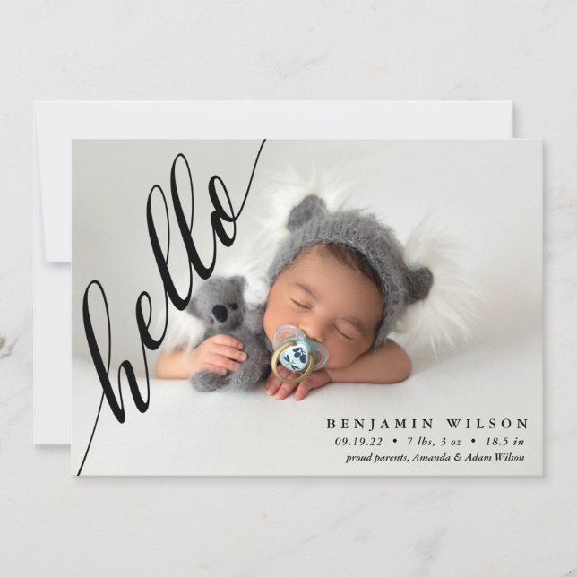 Hello Modern Foto Baby Birth Ankündigung (Vorderseite)