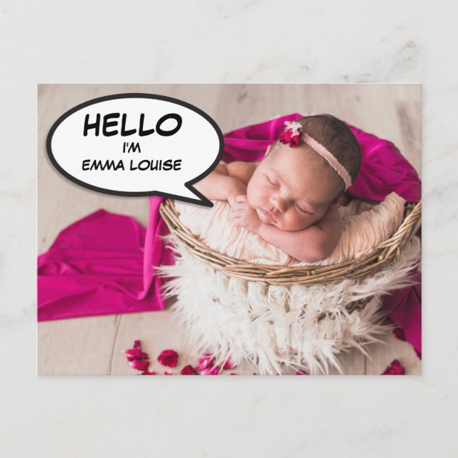 Hello Modern Foto Baby Girl Geburtserklärung Ankündigungspostkarte (Vorderseite)