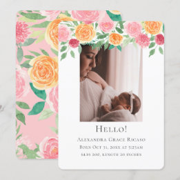 Hello New Baby Foto Personalisiert Pink Blume Einladung