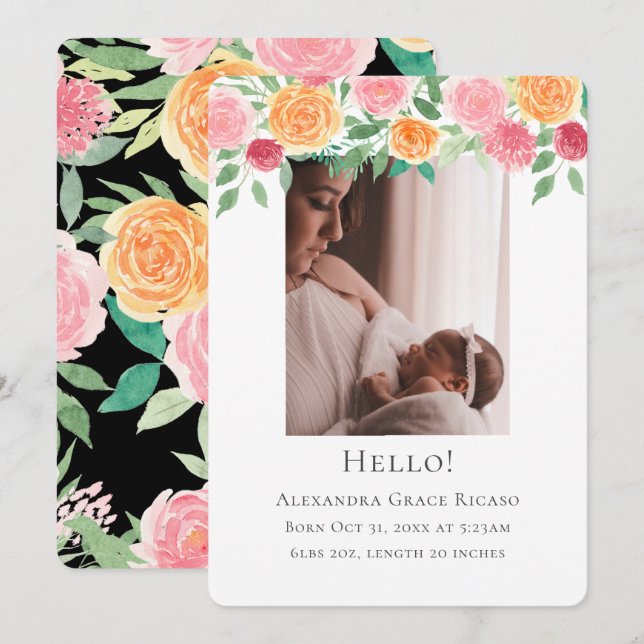 Hello New Baby Foto Personalisiert Pink Blume Einladung (Vorne/Hinten)