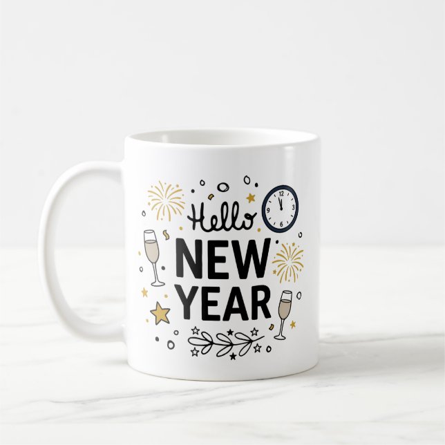 Hello New Year Cute Hand-Drawn Fireworks Mug Kaffeetasse (Links)