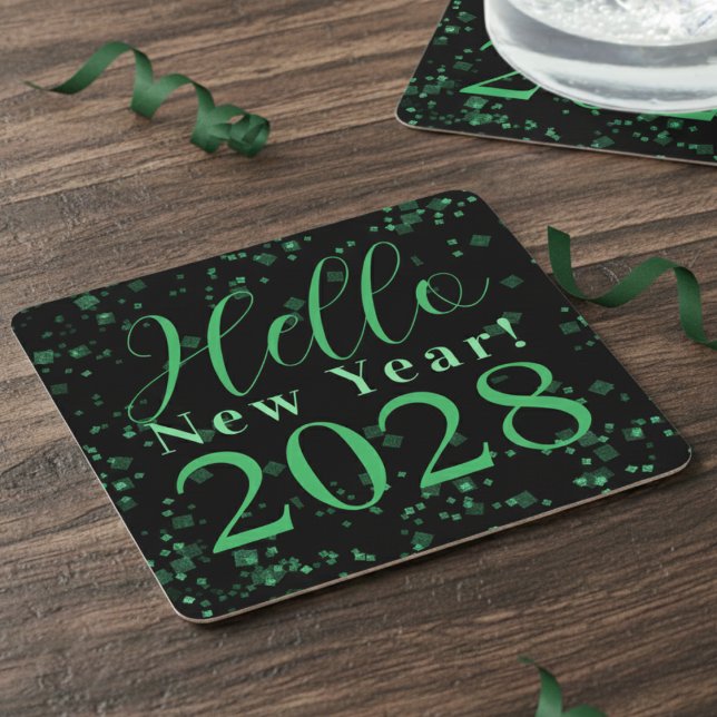 Hello New Year! New Year's Eve Green Black Sparkle Rechteckiger Pappuntersetzer (Von Creator hochgeladen)