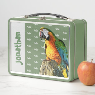 "Hello" Orange Aquamarin Yellow & Green Parrot Fot Metall Brotdose