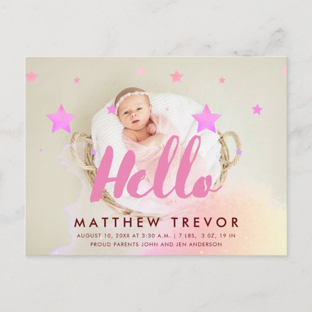 Hello Pink Script Dreamy Baby Birth Foto Ankündigungspostkarte (Vorderseite)