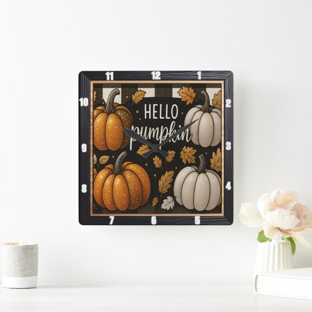 Hello Pumpkin Black Kariert Quadratische Wanduhr (Zuhause)