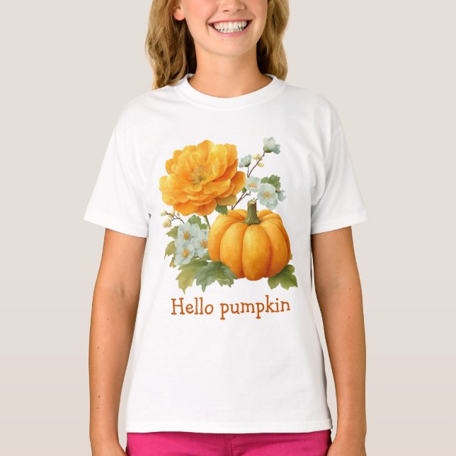 Hello Pumpkin Floral Halloween Design T-Shirt (Vorderseite)