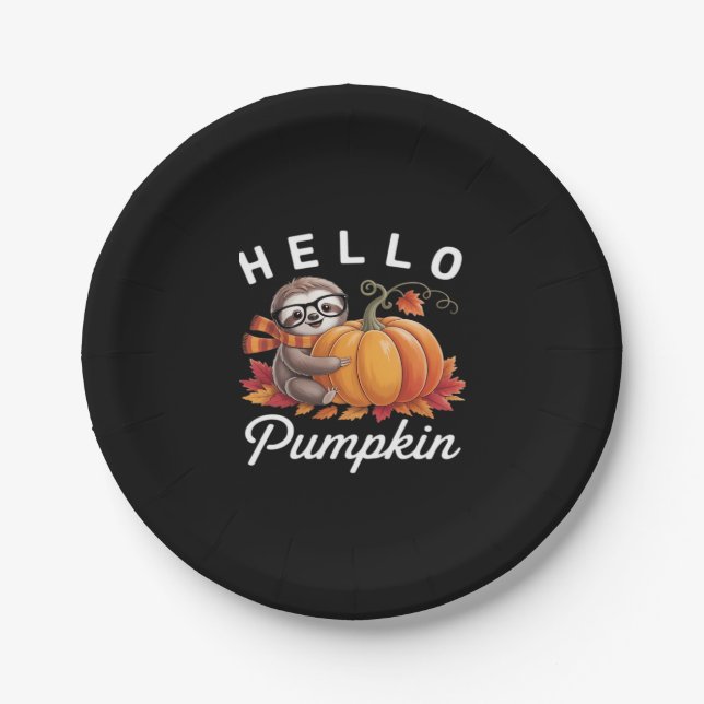 Hello Pumpkin - Niedlicher Fall Sloth Herbstleaves Pappteller (Vorderseite)