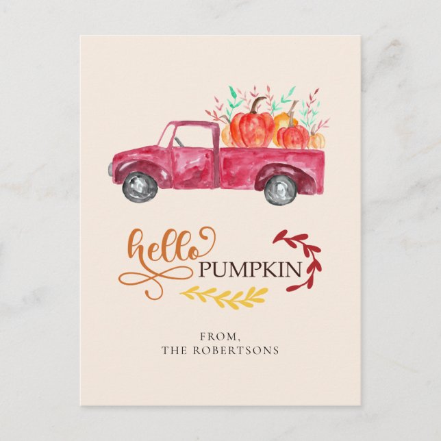 Hello Pumpkin Red Lieferwagen Truck Herbst Herbst Postkarte (Vorderseite)