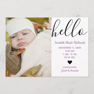 Hello Script Photo Purple - Faire-part de naissanc