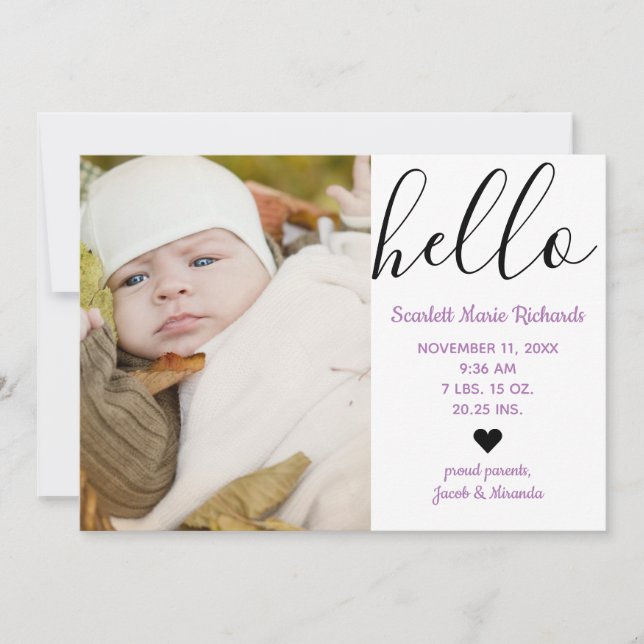 Hello Script Photo Purple - Faire-part de naissanc (Devant)
