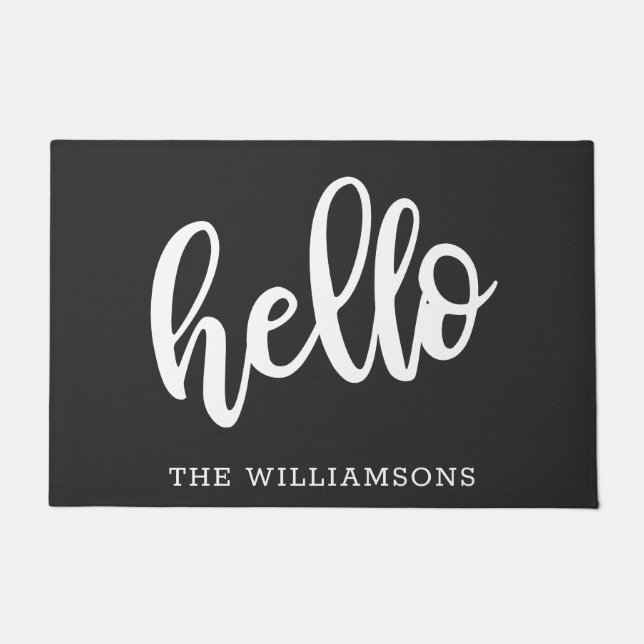 Hello Simple Black and White Personalisiert Family Fußmatte (Vorderseite)