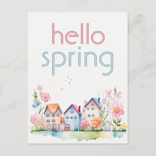 Hello Spring Floral Watercolor House Postkarte (Vorderseite)