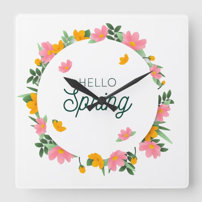 Hello Spring Floral Wreath Quadratische Wanduhr (Vorderseite)
