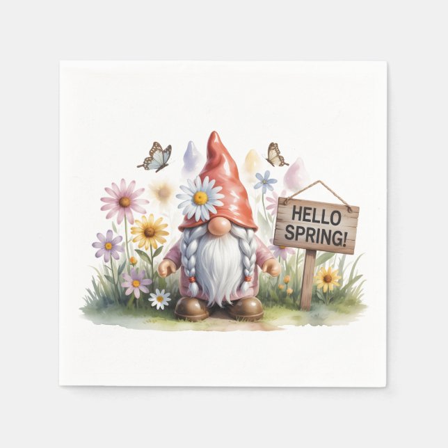Hello Spring Garden Gnome: Cute Gnome with Braids Serviette (Vorderseite)